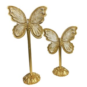 Set of 2 beige and gold Resin Butterflies with Stand