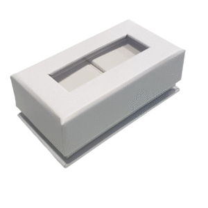 Rectangular chocolate box with cardboard and plastic cover.