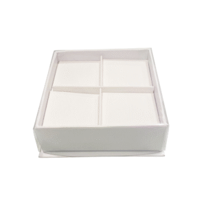 Square chocolate box with plastic cover.