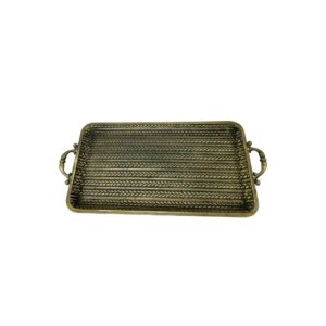 Rectangular gold tray with handles and braided pattern in the center