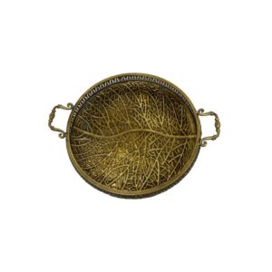 Round gold iron tray with handles and tree trunk pattern