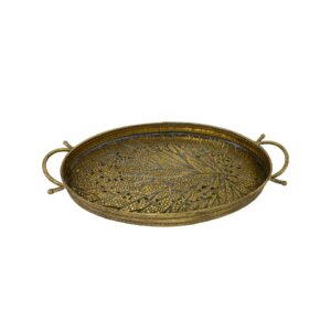 Oval gold iron tray with handles and tree trunk pattern