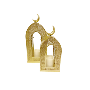 Set of 2 gold metal Ramadan lanterns with crescent