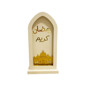 Off white and gold MDF Ramadan arch with a mosque and lights