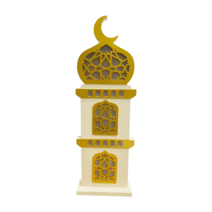 lighted white MDF mosque with gold architectural details